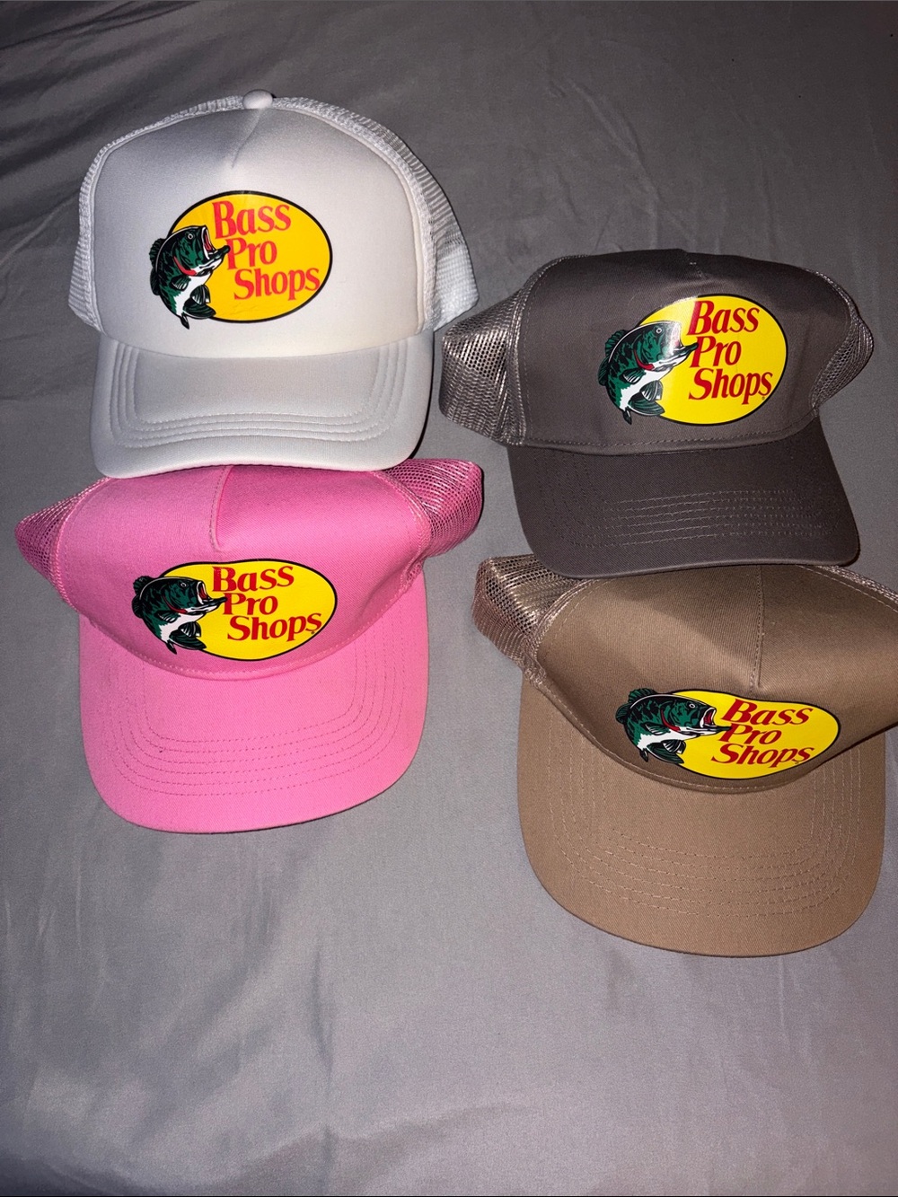 Bass Pro Shops Mesh Logo Trucker Hats in White, Pink, Brown, Gray